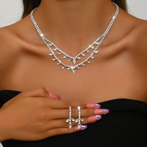 Multi-layer luxury fashion diamond pendant necklace earrings two-piece set European bride wedding necklace earring jewelry
