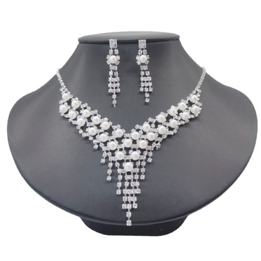 Ornament wholesale foreign trade Women's ornament tassel inlaid pearl diamond silver plated necklace and earrings suite 465# - 图片 5