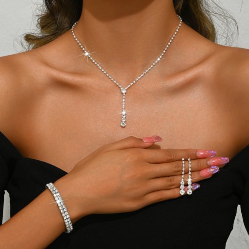 Fashion simple and popular jewelry suit rhinestone double row long necklace ear stud bracelet Middle East wedding - 图片 6