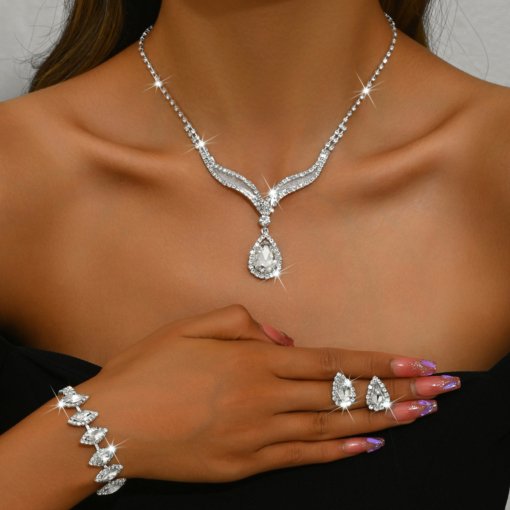 Cross-border supply hot sale crystal rhinestone jewelry necklace suit bridal wedding necklace earring bracelet three-piece set