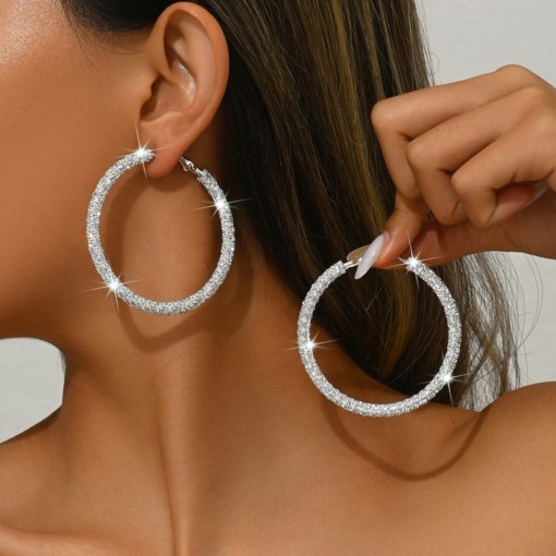 Affordable luxury fashion Diamond-embedded big earrings female European and American exaggerated winding round earrings ear ring earrings personality minimalist elegant earrings - 图片 3