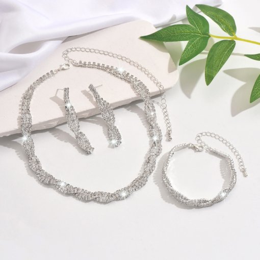 Cross-border hot selling claw chain rhinestone necklace and earrings suite four-piece woven necklace clavicle chain dinner accessories for women - Image 2
