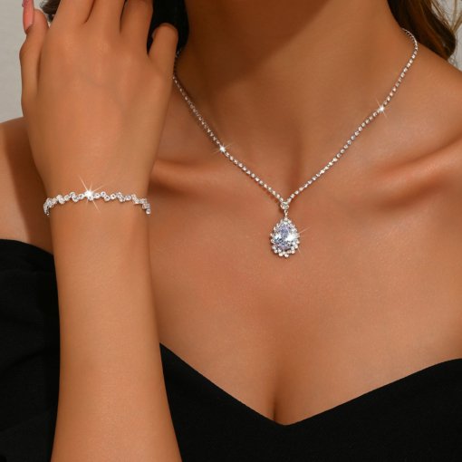 Cross-border jewelry wholesale European and American Water drop zircon necklace wedding necklace/earrings bracelet perfect three-piece set - 图片 3