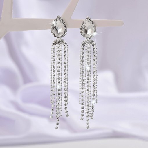 Europe and America cross border luxury inlaid zircon long fringe earrings women's high-end fashion claw chain shiny diamond ear studs earrings - 图片 3