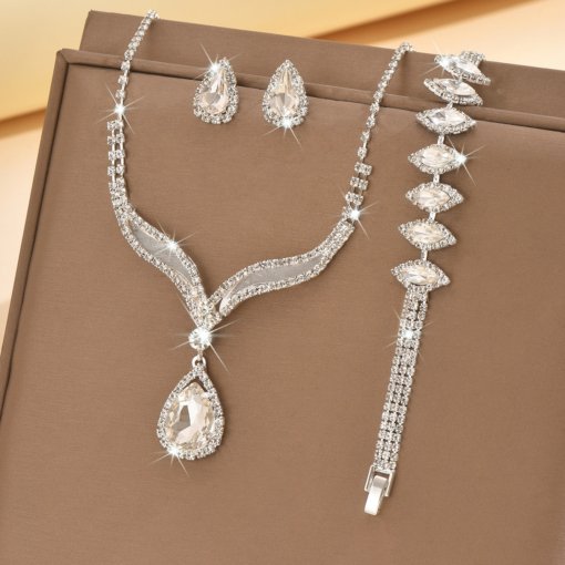 Cross-border supply hot sale crystal rhinestone jewelry necklace suit bridal wedding necklace earring bracelet three-piece set - Image 2