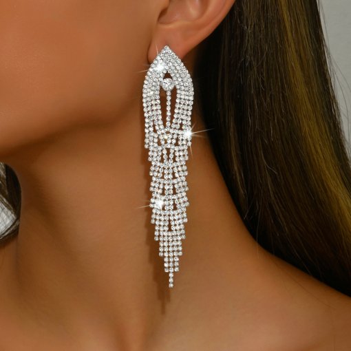 European and American style exaggerated and personalized diamond full diamond long fringe earrings fashion runway temperament wild eardrop earring women - 图片 2