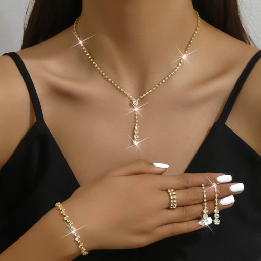 Fashion simple and popular jewelry suit necklace ear stud bracelet Diamond cross-border hot sale wedding jewelry - 图片 7