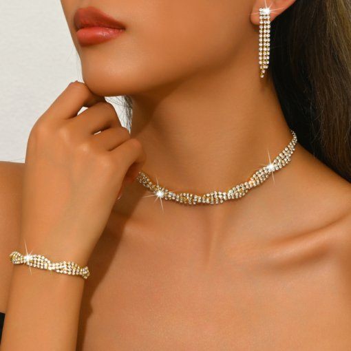 Wedding party decorations ladies decoration fashion claw chain bright diamond banquet bracelet necklace earrings four-piece set - Image 3