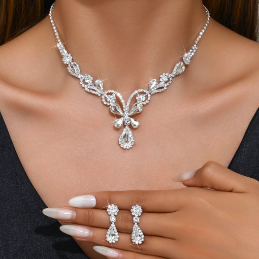 Fashion trendy zircon luxury necklace earrings White Butterfly suit ins live popular wear dress wear - Image 3