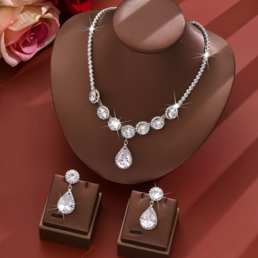 Europe and America cross border new fashion ornament drop shape necklace elegant geometric luxury banquet zircon necklace earrings - 图片 8