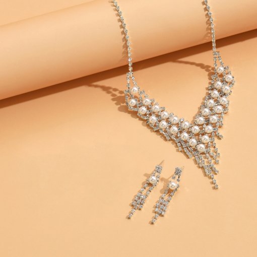 Ornament wholesale foreign trade Women's ornament tassel inlaid pearl diamond silver plated necklace and earrings suite 465# - 图片 3