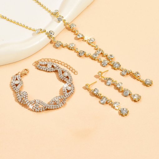 2022 fashion crystal rhinestone necklace ear stud bracelet three-piece jewelry accessories wedding decoration all-match bride - 图片 13