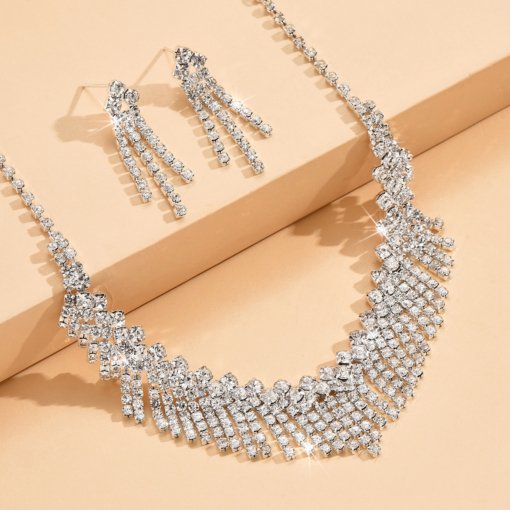 European and American fashion ins style design sexy full rhinestone tassel necklace vintage jewelry bride suit necklace ear stud 563 - Image 2