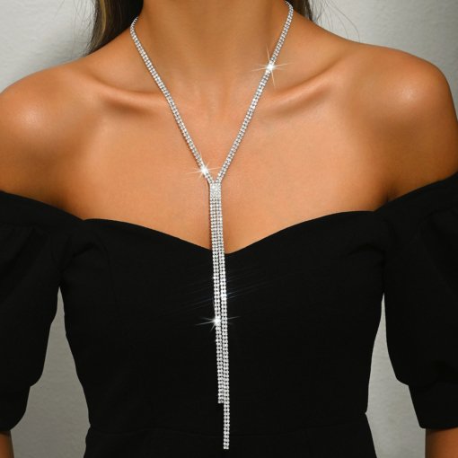 European and American fashion minimalist full rhinestone tassel necklace super shiny light luxury high-grade clavicle chain personality temperamental cold style decoration - 图片 3