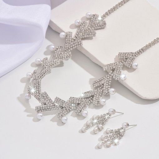 Europe and America cross border luxury shiny rhinestone pearl necklace two-piece earrings set bridal jewelry suit wedding suit - Image 3