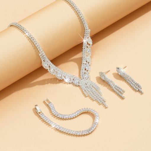 Fashion simple loose diamond zircon jewelry suit wedding accessories temperament bride necklace earring bracelet suit - Image 2