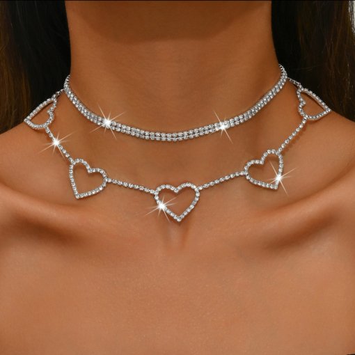 Necklace European and American fashion jewelry multi-layer love Necklace rhinestone simple double row chain sweet cool hot girl Necklace