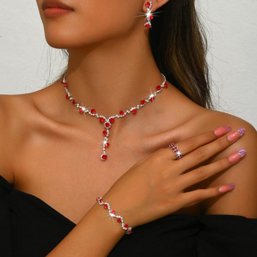 2024 cross-border fashion crystal rhinestone necklace ear stud bracelet ring jewelry wedding decoration all-match bride suit - 图片 9