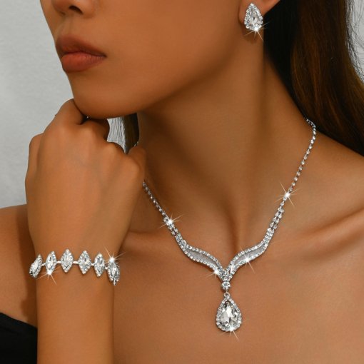 Cross-border supply hot sale crystal rhinestone jewelry necklace suit bridal wedding necklace earring bracelet three-piece set - Image 7