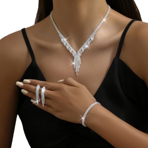 Fashion simple loose diamond zircon jewelry suit wedding accessories temperament bride necklace earring bracelet suit - Image 5