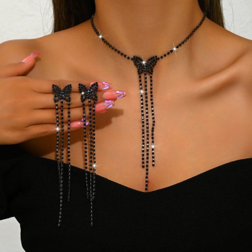 Europe and America cross border high-end butterfly-shaped long tassel necklace and earrings suite high-grade necklace earrings two-piece set