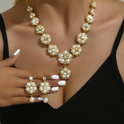 Europe and America cross border vintage court Pearl rhinestone necklace earrings flower bridal necklace two-piece earrings set Wholesale - Image 2