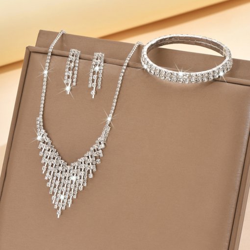 Foreign trade ornament exquisite small full diamond necklace and earrings suite simple all-matching graceful clavicle chain formal dress accessories - 图片 2