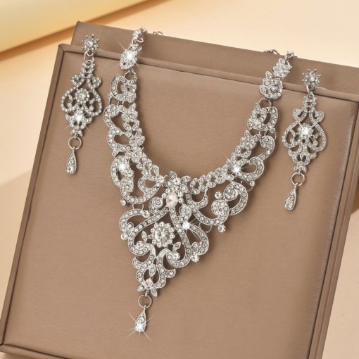 Amazon cross-border e-commerce European and American exaggerated rhinestone necklace and earrings suite bridal dress banquet women's accessories - Image 3