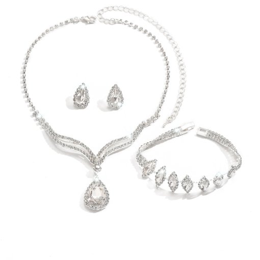 Cross-border supply hot sale crystal rhinestone jewelry necklace suit bridal wedding necklace earring bracelet three-piece set - Image 5