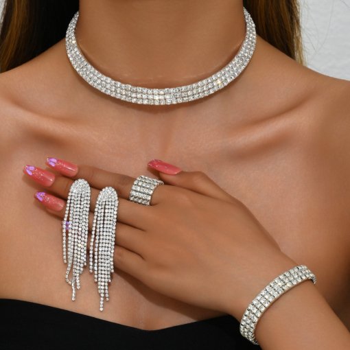 2024 fashion elegant luxury full diamond shiny rhinestones Paster neck collar bracelet tassel earrings suit bride ornament - Image 7