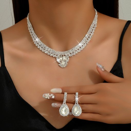 European and American fashion all-match bridal suit necklace women's simple full diamond drop-shaped ornament Jewelry set