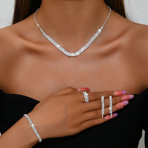 Cross-border hot sale jewelry bridal set of ornaments three-piece set necklace ear stud bracelet full diamond electroplated silver ladies