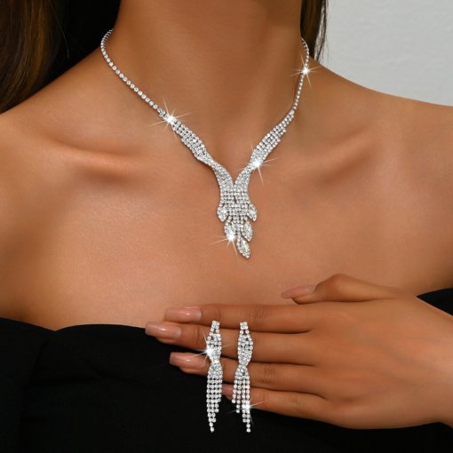 Hot sale cross-border European and American/Korean bridal suit creative shiny diamond wedding necklace earrings jewelry fashion suit suit - Image 6