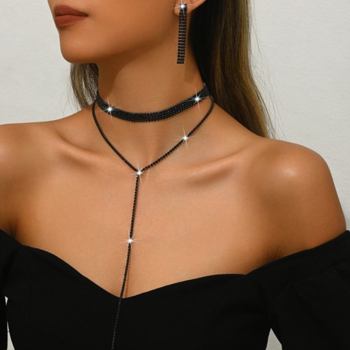 Europe and America cross border new full diamond multi-layer necklace fashion simple style long tassel necklace clavicle chain female accessories wholesale