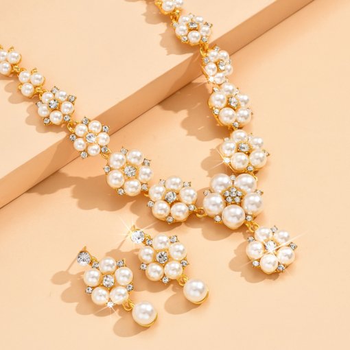 Europe and America cross border vintage court Pearl rhinestone necklace earrings flower bridal necklace two-piece earrings set Wholesale - Image 6