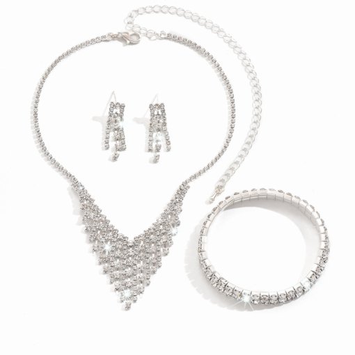 Foreign trade ornament exquisite small full diamond necklace and earrings suite simple all-matching graceful clavicle chain formal dress accessories - 图片 5