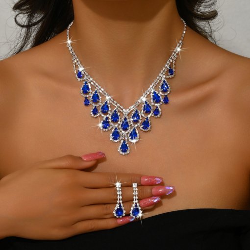 Foreign trade jewelry European and American diamond water drop necklace fashion personality necklace bridal evening dress necklace 2 pieces suit