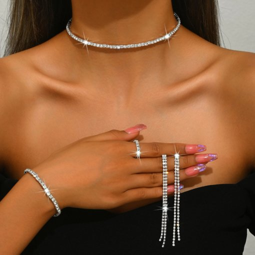 Cross-border European and American full diamond earrings ring high fashion zircon necklace, bracelet set wholesale jewelry New - 图片 6