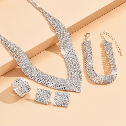 Fashion European and American style Middle East popular atmospheric rhinestone silver plated Bridal Ornament necklace bracelet stretch ring suit dress - Image 4