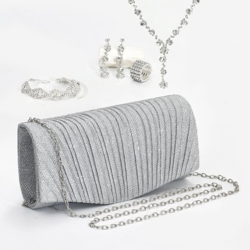 Bridal jewelry suit fashion simple rhinestone bracelet eardrop necklace Pu hand bag dinner bag six-piece set - Image 2