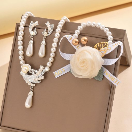 European and American anti-pearl necklace earring bracelet suit alloy flower bridal dress personalized set suit women's fashion temperament - Image 3
