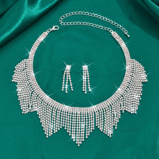 Bridal wedding suit necklace earrings two-piece set geometric full diamond wedding evening dress accessories cross-border hot set chain - Image 2