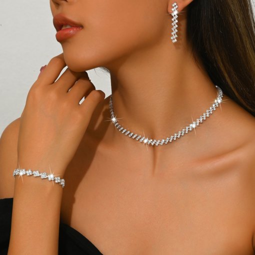 2025 cross-border hot selling ornament full diamond necklace three suit all-match simple bridal rhinestone clavicle chain neck chain jewelry - 图片 6