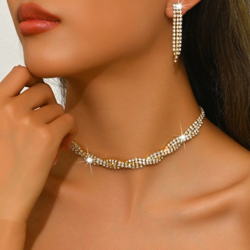 Wedding party decorations ladies decoration fashion claw chain bright diamond banquet bracelet necklace earrings four-piece set - Image 6