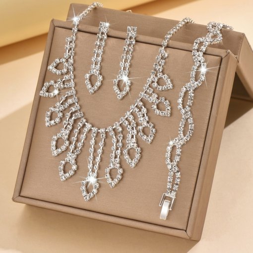 Europe and America cross border full diamond necklace earrings suit Bridal Ornament necklace three-piece suit suit wedding diamond jewelry ornament wholesale - Image 3