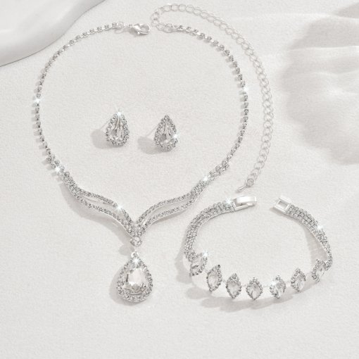 Cross-border supply hot sale crystal rhinestone jewelry necklace suit bridal wedding necklace earring bracelet three-piece set - Image 3