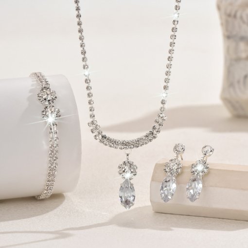 Cross-border supply hot sale foreign trade ornament pendant full rhinestone zircon necklace earrings rhinestone set chain wedding jewelry suit - Image 2