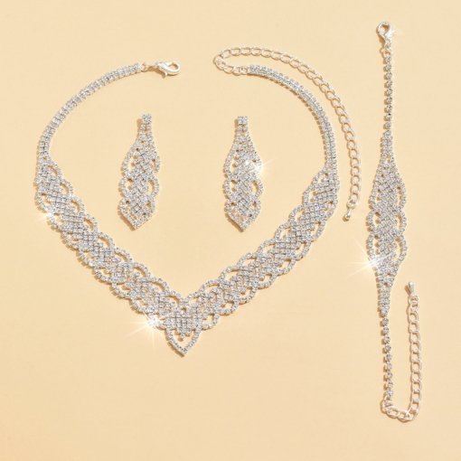 Factory Direct supply rhinestone necklace earrings bracelet three-piece bridal wedding dinner party accessories necklace wholesale - Image 3