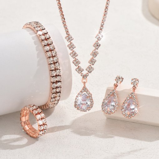 Bridal Ornament necklace bracelet earrings ring set rhinestone zircon wedding dress women wedding accessories advanced - 图片 8
