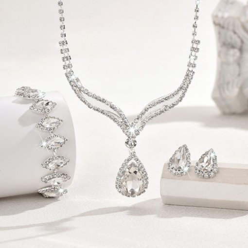 Cross-border supply hot sale crystal rhinestone jewelry necklace suit bridal wedding necklace earring bracelet three-piece set - Image 4